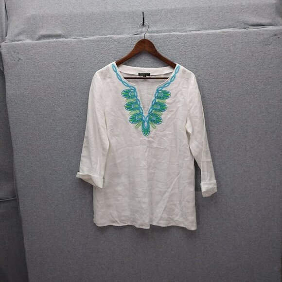For Cynthia Womens White Tunic Top With Blue Embroidery V-Neck 100% Linen Size M - Picture 1 of 4